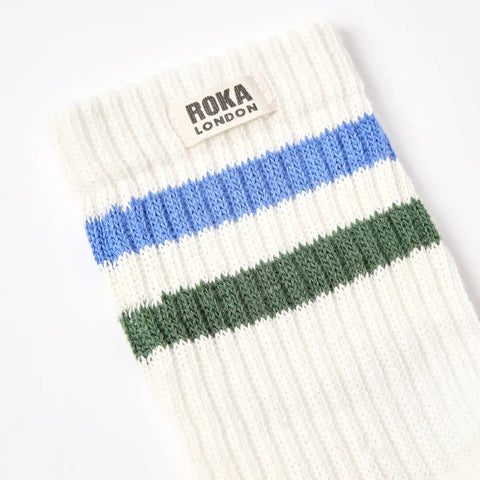Roka Windsor Malibu Blue/Forest Mens Organic Cotton Super Comfy Stylish Stripe Crew Socks