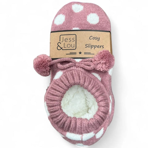 Jess And Lou Pink & White Spot Cozy Slippers - Stylish And Comfortable Footwear For Year-Round Relaxation