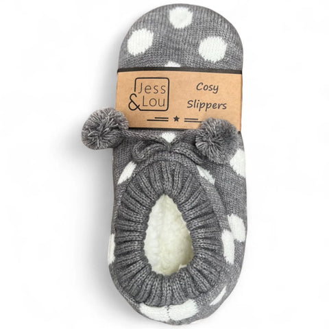 Jess And Lou Grey & White Spot Cozy Slippers - Stylish And Comfortable Footwear For Year-Round Relaxation