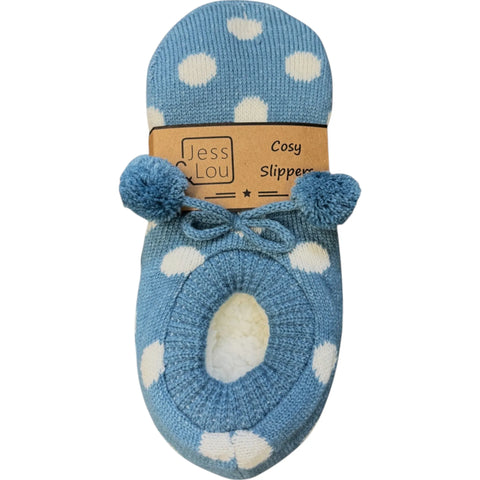 Jess And Lou Cornflower Blue Spot Cozy Slippers - Stylish And Comfortable Footwear For Year-Round Relaxation
