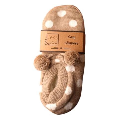 Jess And Lou Taupe & White Spot Cozy Slippers - Stylish And Comfortable Footwear For Year-Round Relaxation