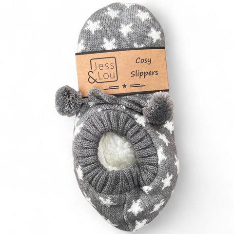 Jess And Lou Grey & White Star Cozy Slippers - Stylish And Comfortable Footwear For Year-Round Relaxation