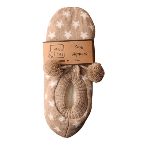 Jess And Lou Taupe & White Star Cozy Slippers - Stylish And Comfortable Footwear For Year-Round Relaxation