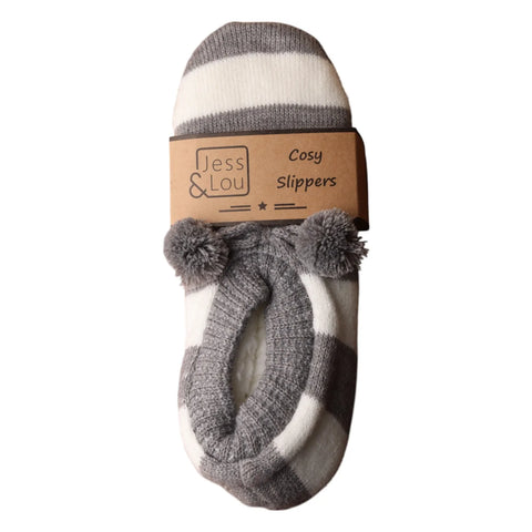 Jess And Lou Grey & White Stripe Cozy Slippers - Stylish And Comfortable Footwear For Year-Round Relaxation