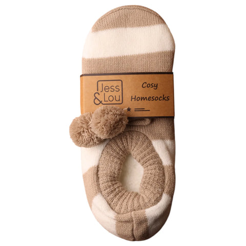 Jess And Lou Taupe & White Stripe Cozy Slippers - Stylish And Comfortable Footwear For Year-Round Relaxation