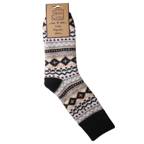 Jess And Lou Black Nordic Pattern Cosy Ribbed Super Soft Wool Blend Socks