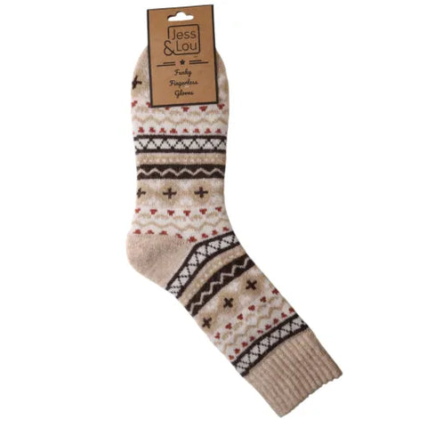 Jess And Lou Beige Nordic Pattern Cosy Ribbed Super Soft Wool Blend Socks