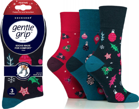 Gentle Grip Womens Festive Fun Gentle Grip Cotton Rich Non Binding HoneyComb Loose Top Socks