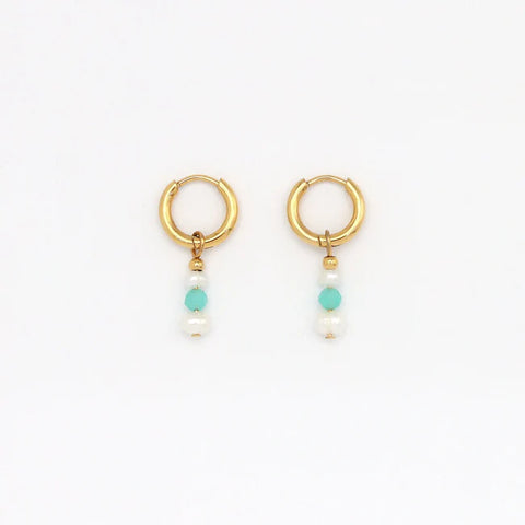 Pineapple Island SSE008 Freshwater Pearl & Blue Gemstone Huggie Hoop Earrings