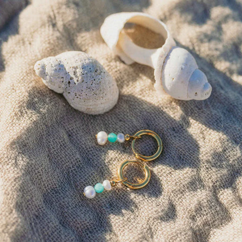 Pineapple Island SSE008 Freshwater Pearl & Blue Gemstone Huggie Hoop Earrings