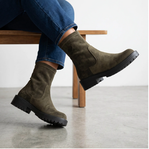 Ella Jade Olive Faux Suede Womens Chunky Stretch Ankle Boots