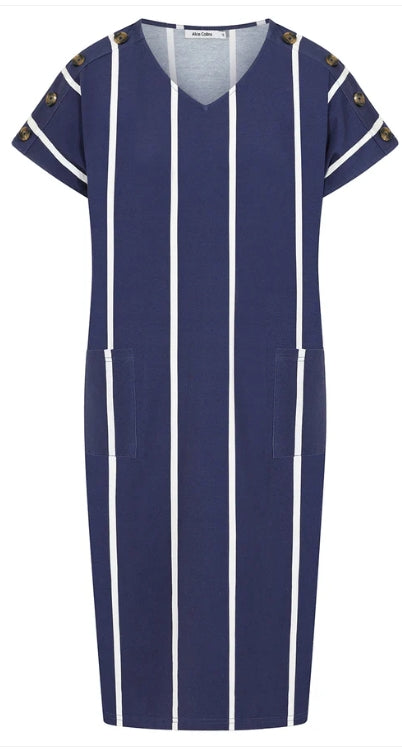 Alice Collins Button Shoulder Dress Midnight Blue/White