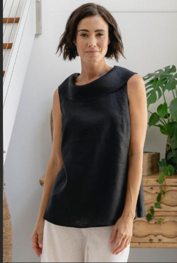 See Saw Linen Cowl Neck Sleeveless Top Black