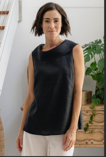 See Saw Cowl Neck Linen Top Black