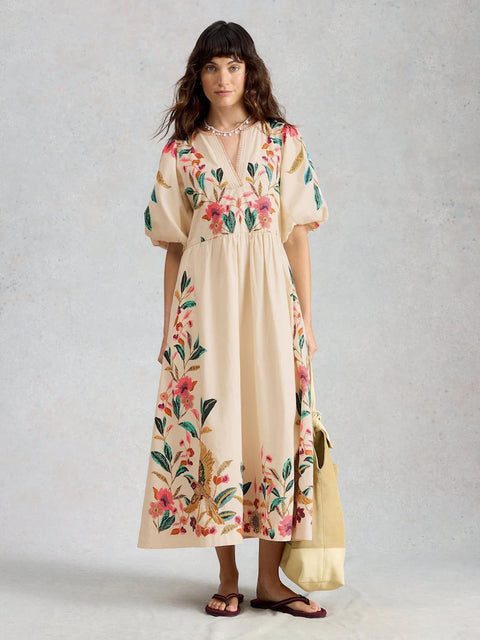 White Stuff Womens Maeve Embroidered Midid Dress Ivory Multi