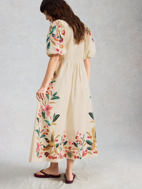 White Stuff Womens Maeve Embroidered Midid Dress Ivory Multi