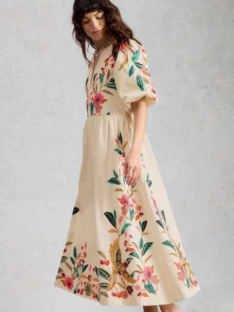 White Stuff Womens Maeve Embroidered Midid Dress Ivory Multi