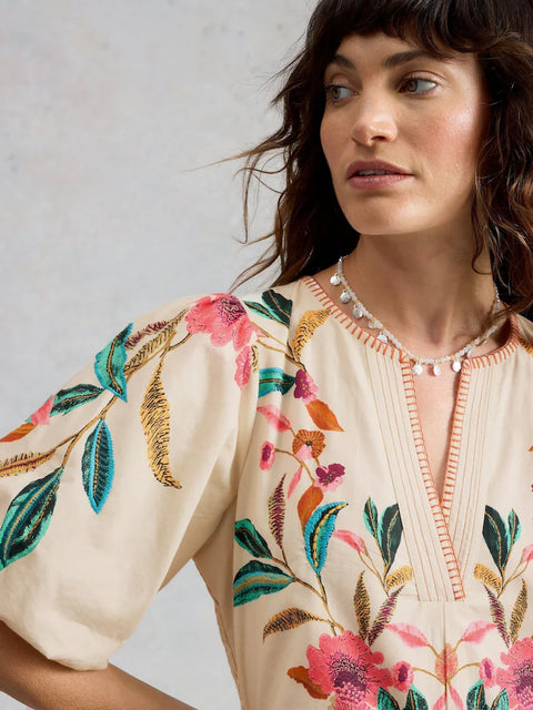 White Stuff Womens Maeve Embroidered Midid Dress Ivory Multi