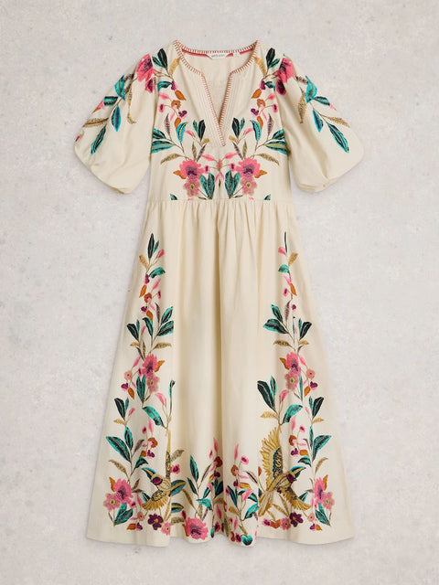 White Stuff Womens Maeve Embroidered Midid Dress Ivory Multi