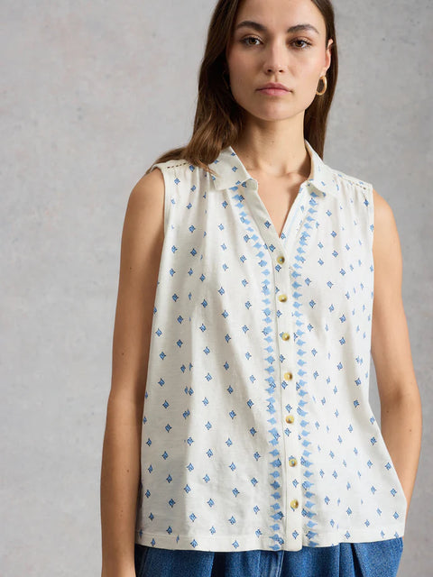 White Stuff Amy Embroidered Sleeveless Shirt 445847 Ivory Print
