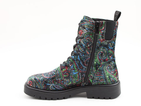 Heavenly Feet Katrina Black Velour Paisley Womens Lace Up Zip Up Ankle Boots