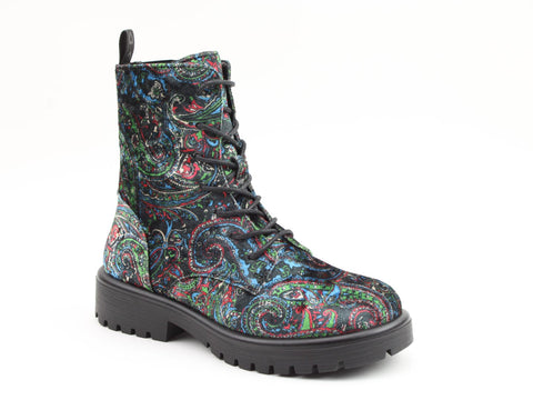 Heavenly Feet Katrina Black Velour Paisley Womens Lace Up Zip Up Ankle Boots