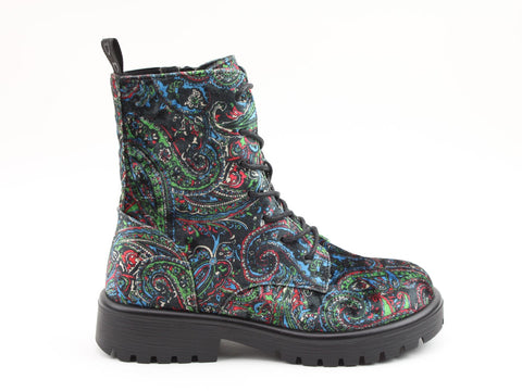 Heavenly Feet Katrina Black Velour Paisley Womens Lace Up Zip Up Ankle Boots