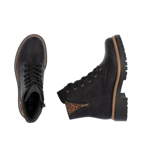 Rieker 72617-00 Black Womens Casual Comfort Lace Up Zip Up Leather Ankle Boots