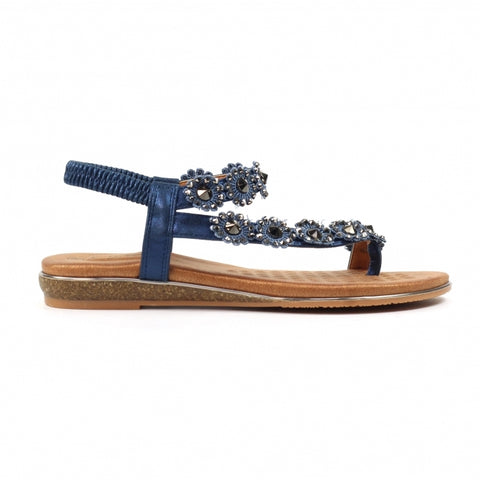 Lunar JLH455 Charlotte II Navy Women's Beaded Corsage Elasticated Heel Strap Sandals