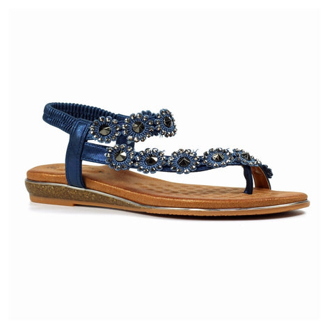 Lunar JLH455 Charlotte II Navy Women's Beaded Corsage Elasticated Heel Strap Sandals