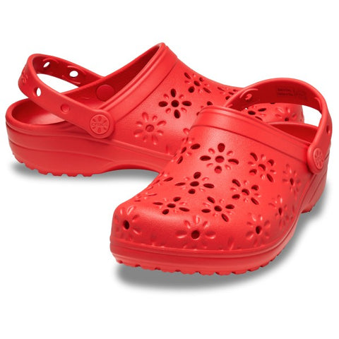 Crocs Classic Floral Cut Out Clog Cherry Red Kids Boys Girls Croslite Casual Comfy Lightweight Beach Slip On Shoes