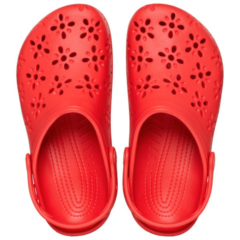 Crocs Classic Floral Cut Out Clog Cherry Red Kids Boys Girls Croslite Casual Comfy Lightweight Beach Slip On Shoes