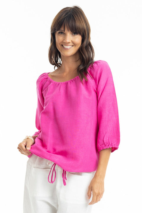 Escape By OQ Linen Solid Gathered Neck Top Hot Pink 72551