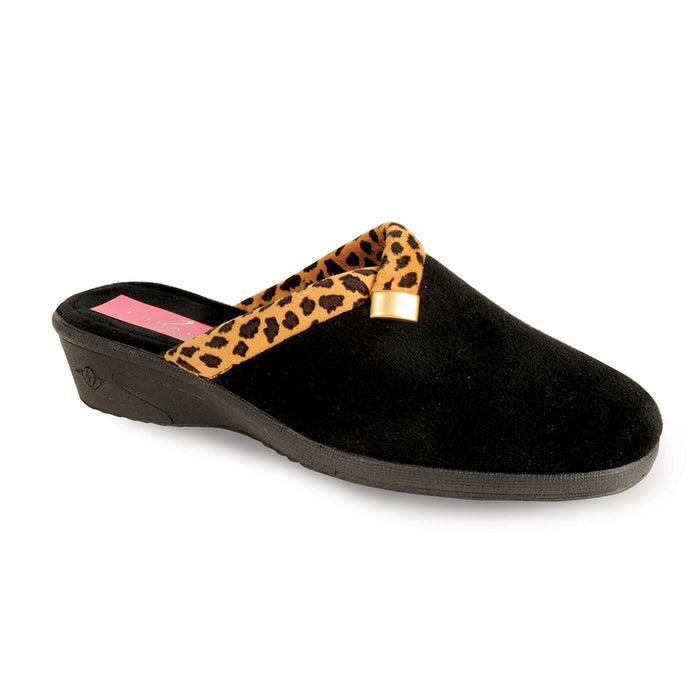 Lunar KLA007 Michelle Black Ocelot Trim Womens Comfort Slip On Mule Slippers