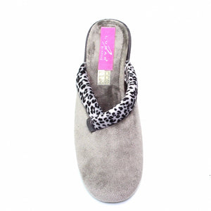 Lunar KLA007 Michelle Grey Ocelot Trim Womens Comfort Slip On Mule Slippers