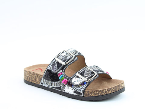 Heavenly Feet Jess Black Womens Casual Comfort Slip On Slider Twin Buckle Fastening Sandals