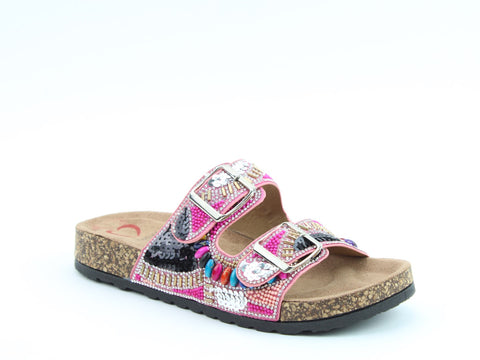 Heavenly Feet Jess Fuchsia Womens Casual Comfort Slip On Slider Twin Buckle Fastening Sandals