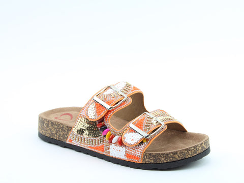 Heavenly Feet Jess Orange Womens Casual Comfort Slip On Slider Twin Buckle Fastening Sandals