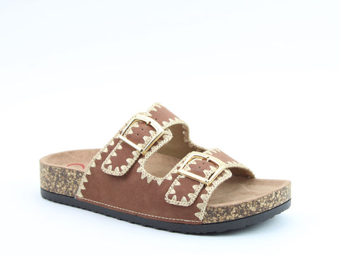 Heavenly Feet Sandy Bark Womens Casual Comfort Slip On Slider Twin Buckle Fastening Sandals