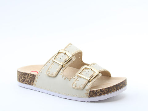 Heavenly Feet Sandy Beige Womens Casual Comfort Slip On Slider Twin Buckle Fastening Sandals