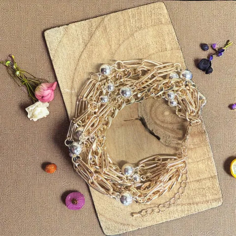 Jess and Lou BR239GLD Gold with Silver Beads Layered Chain & Bead Statement Hypoallergenic and Nickel Free Bracelet