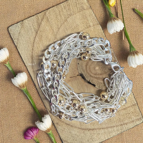 Jess and Lou BR239SIL Silver with Gold Beads Multi Layered Chain & Bead Statement Hypoallergenic and Nickel Free Bracelet