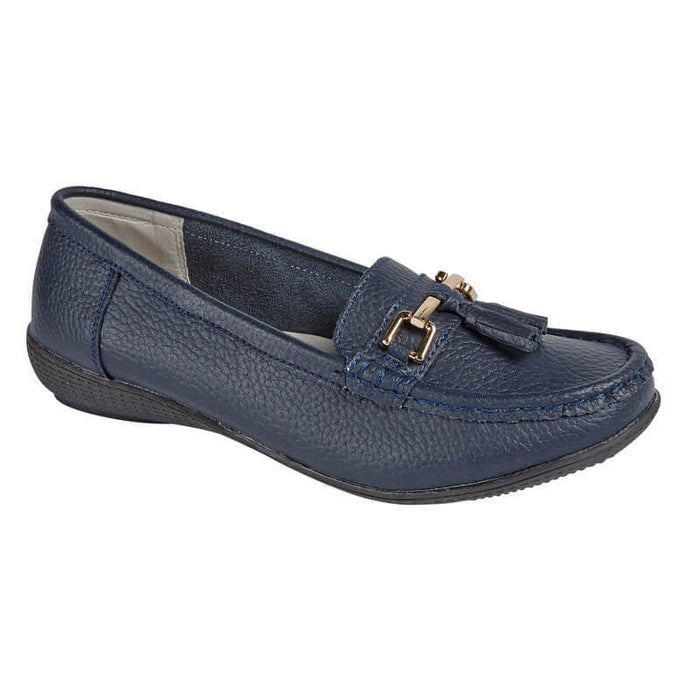 Jo & Joe Nautical Navy Womens Slip On Leather Loafers Moccasins Casual Shoes