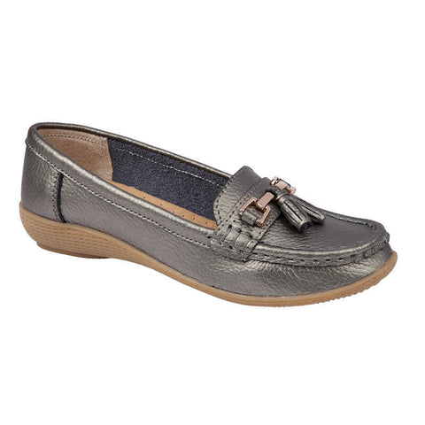 Jo & Joe Nautical Gun Metal Womens Slip On Leather Loafers Moccasin Casual Shoes