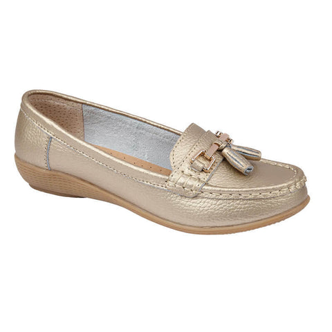 Jo & Joe Nautical Gold Womens Slip On Leather Loafers Moccasins Casual Shoes