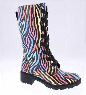 Adesso Roxy Black Multi Zebra Print Womens Casual Comfort Leather Lace Up Boots