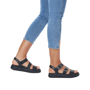 Remonte D0L50-00 Black Womens Casual Comfort Leather Buckle Sandals