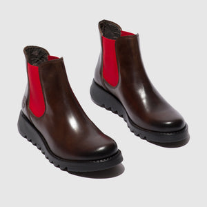 Fly London Salv Rug Dark Brown with Red Elastic Womens Casual Leather Ankle Boots