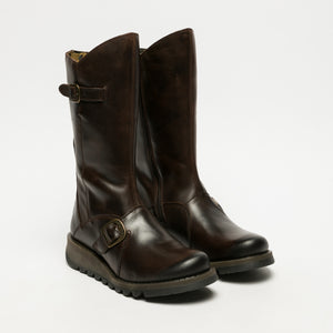 Fly London Mes 2 Dark Brown Womens Real Leather Stylish Zip Low Wedge Calf Boots