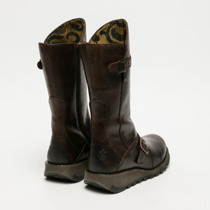 Fly London Mes 2 Dark Brown Womens Real Leather Stylish Zip Low Wedge Calf Boots